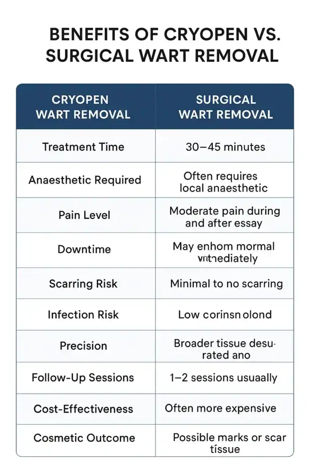 Table showing the benefits of cryopen to remove warts Melton Mowbray compared to surgical treatment